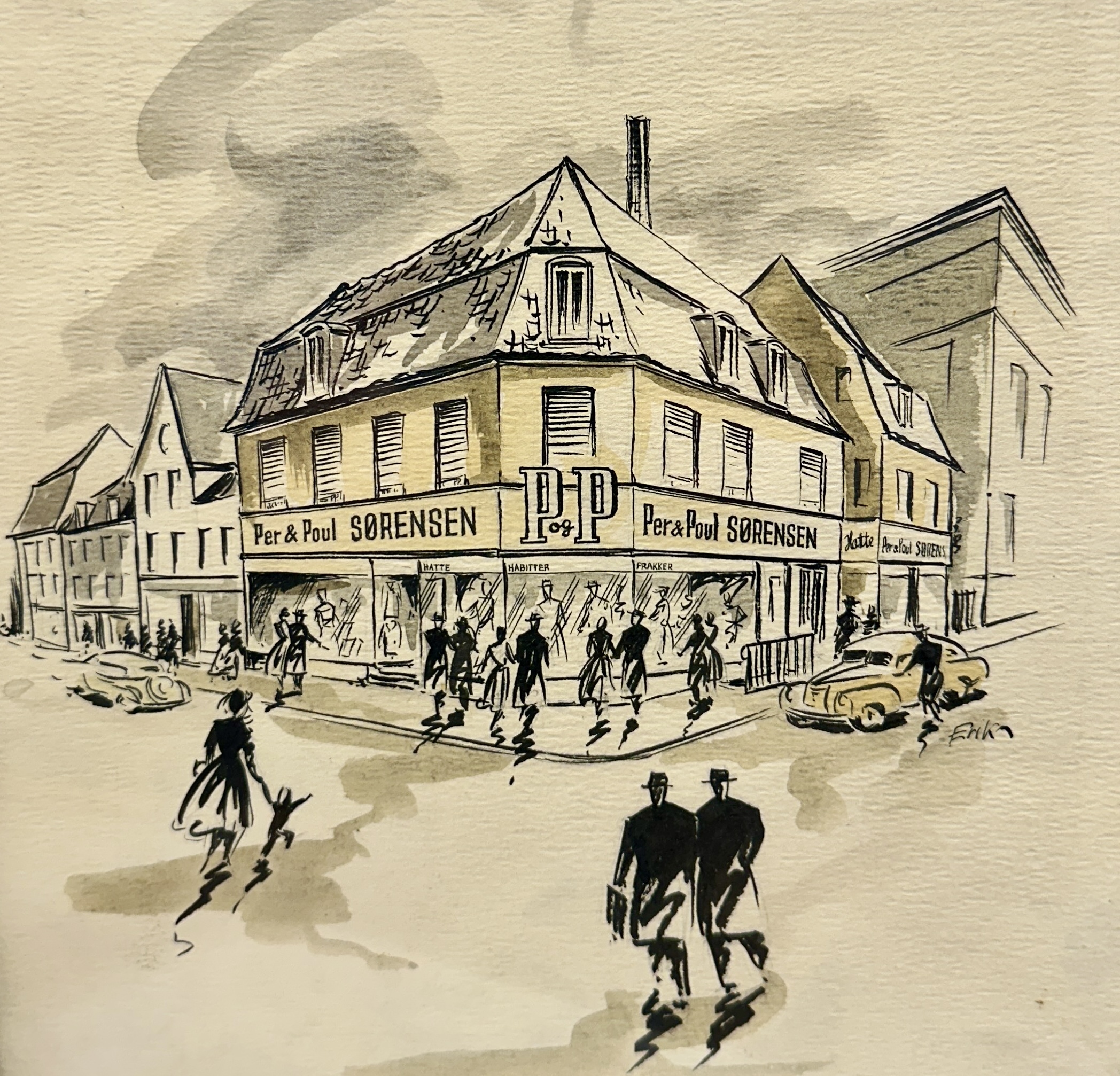 Tegning af P&P, som den så ud, da den lå på Hjørnet af Algade og Gravensgade i Aalborg.
