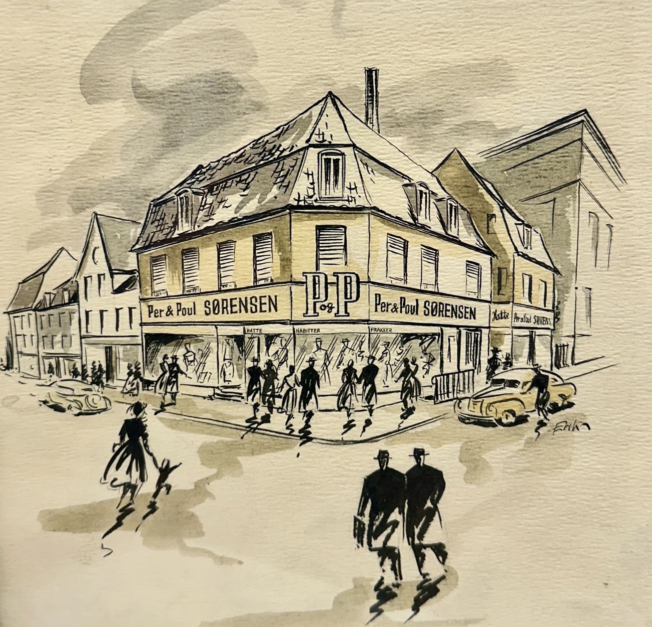Tegning af P&P, som den så ud, da den lå på Hjørnet af Algade og Gravensgade i Aalborg.