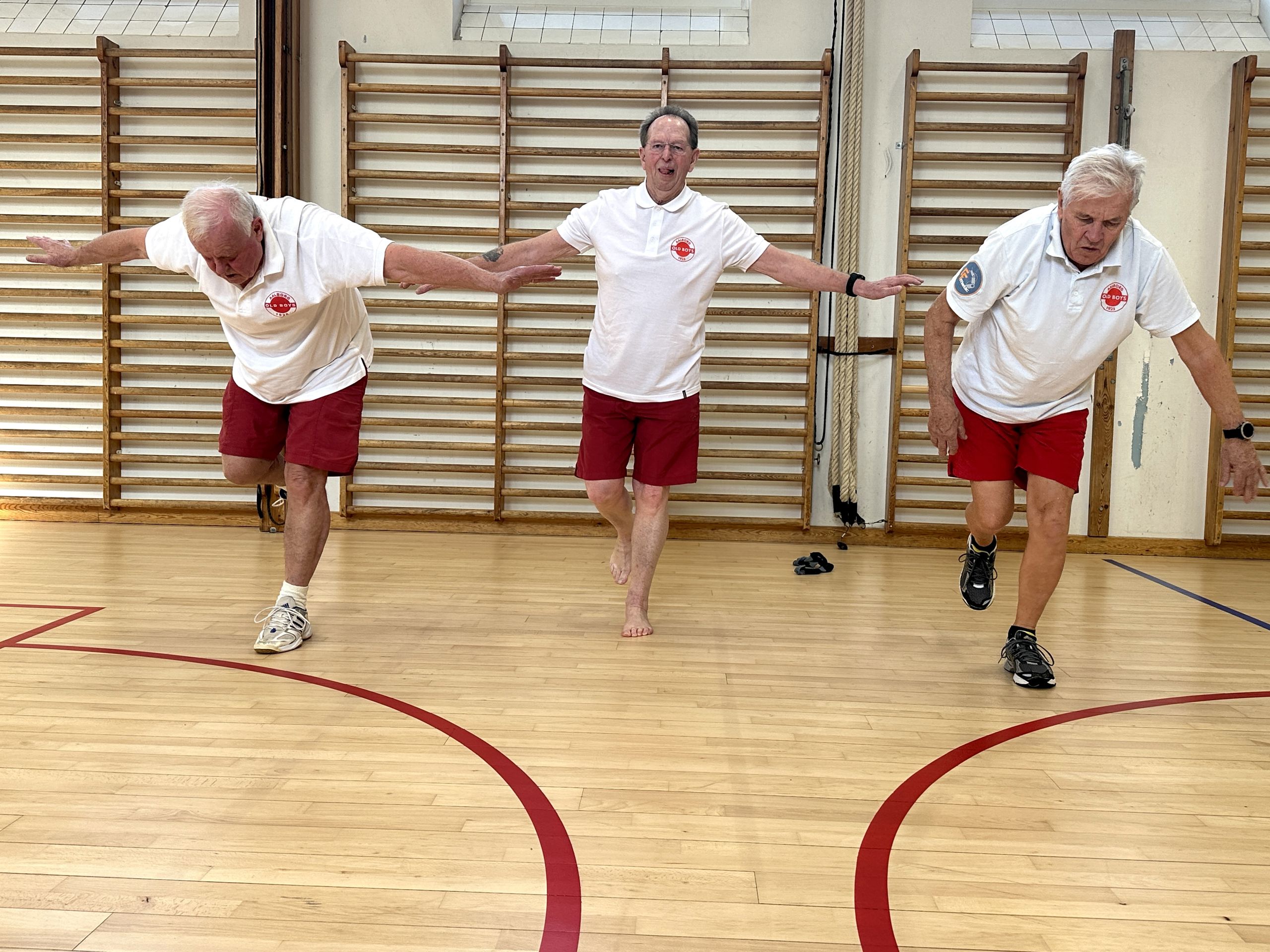 Tre ældre mænd dyrker gymnastik